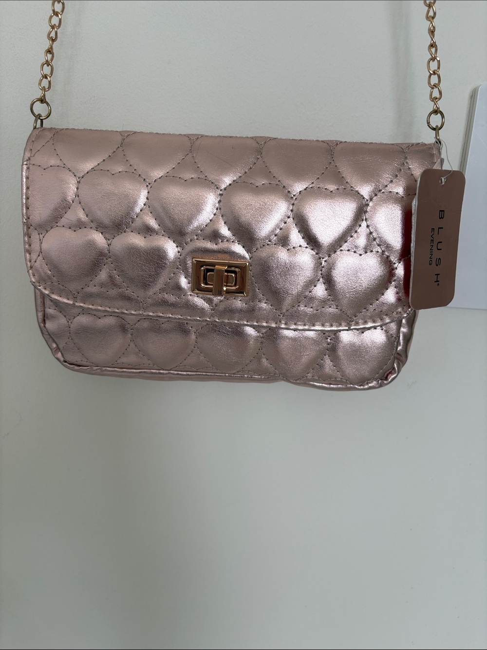 NWT Blush Metallic Pink Quilted Heart Crossbody